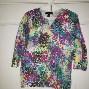 August Silk button down multi Cardigan. Sz Large Cotton/nylon/viscose.